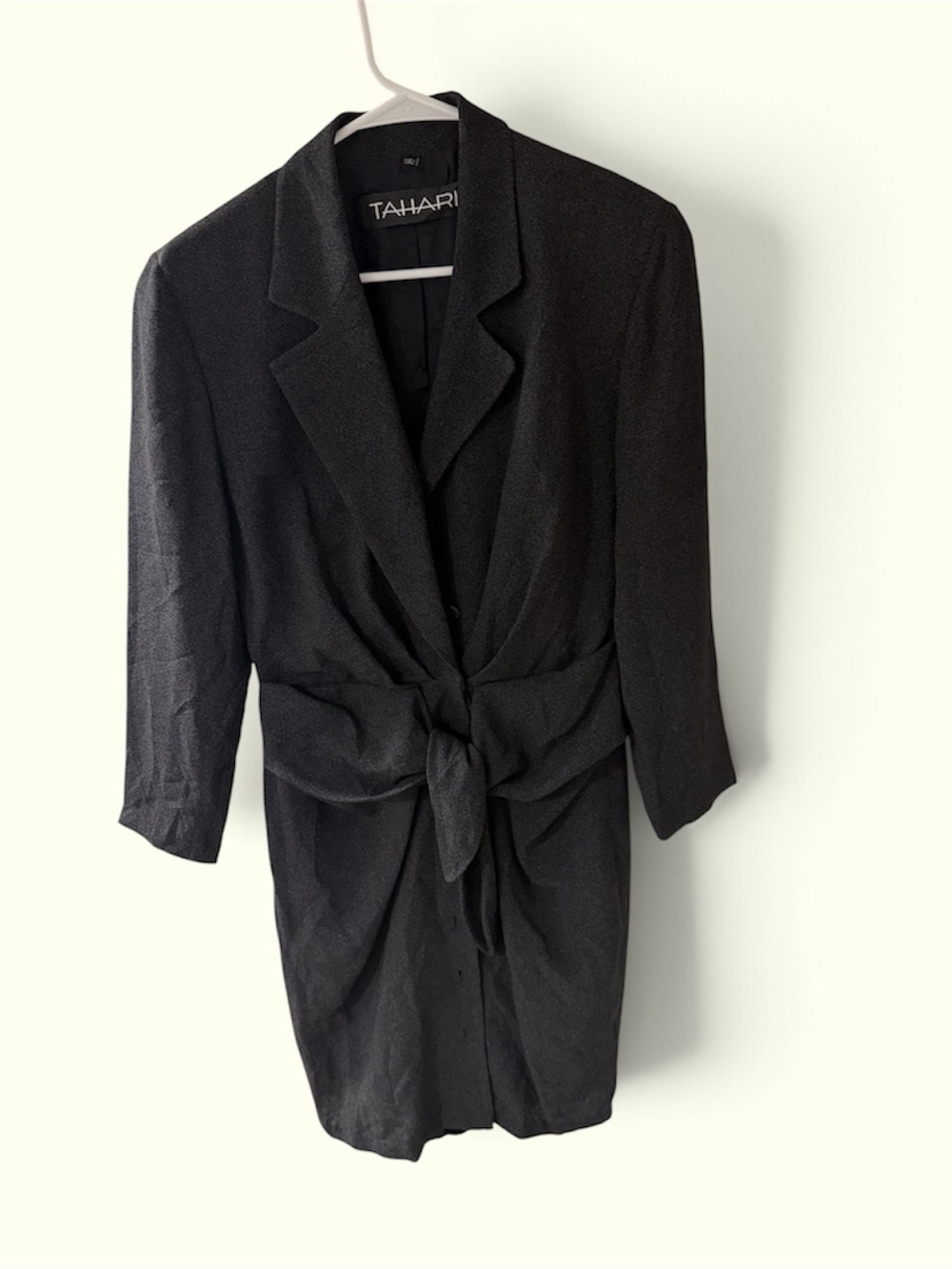 Vintage Tahari Structured Tie Waist Drape Blazer Dress - Charcoal Gray